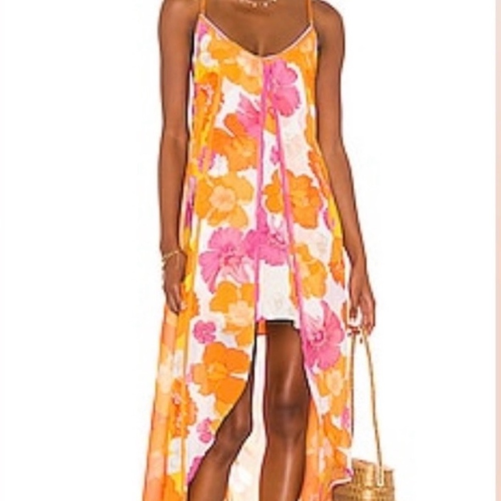 Agua Bendita High Low Floral Dress in Orange and Pink